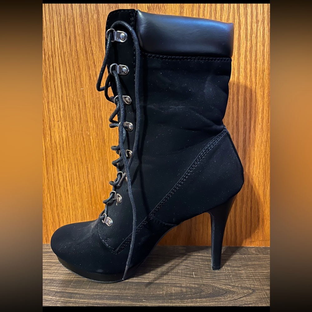 Size 11, Just Fab, velvet like material. Black. Lace up, stiletto boots. Warn 1X